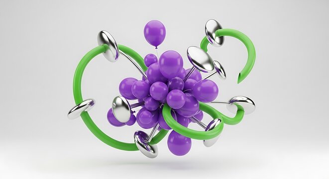 Abstract 3d rendering of a vibrant purple organic cluster with green swirling elements and chrome accents
