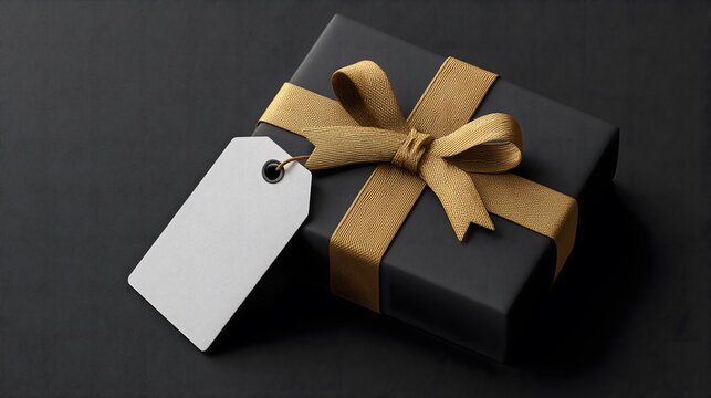 A sophisticated black gift box adorned with a luxurious gold ribbon and a blank white tag, perfect f - Powered by Adobe