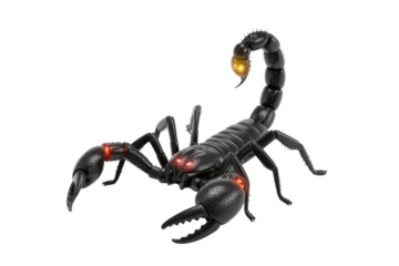 Menacing 3D black scorpion with glowing red eyes, luminous pincers, and a radiant yellow stinger, on a transparent background. background removed