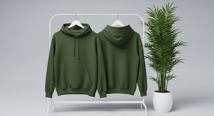 Olive Hoodie Mockup with Plant on Rack, Apparel Display for Online Store