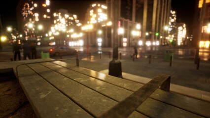 A weathered bench sits in the foreground as city lights shine brightly in the background. People gather nearby, creating a lively atmosphere in the cool night air.