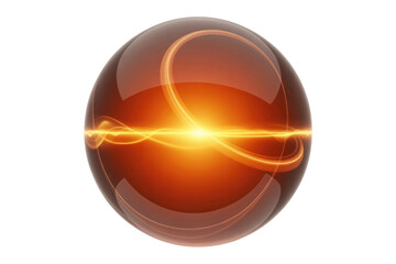 A glossy, amber-hued sphere contains brilliant orange energy with dynamic light trails and swirling patterns, radiating power and mystery. background removed