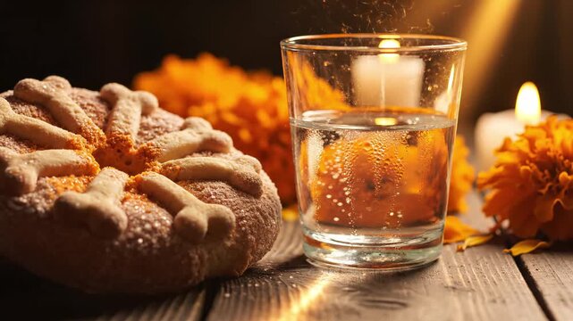 raditional Pan de Muerto (Bread of the Dead) and a glass of water on a wooden altar surface, surrounded by glowing candles and marigold flowers, essential offerings for the Day of the Dead ritual