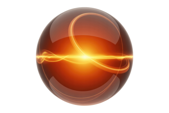 A glossy, amber-hued sphere contains brilliant orange energy with dynamic light trails and swirling patterns, radiating power and mystery. background removed