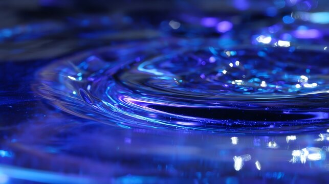 An electric blue liquid ripples and glows vibrantly under UV light, showcasing a captivating visual effect in dark settings.
