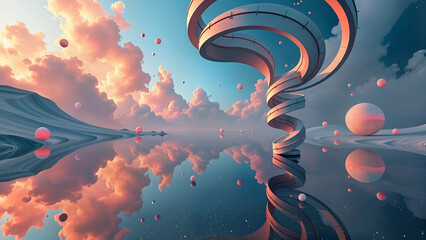 A minimalist landscape where gravity is reversed, featuring spiraling geometric structures hovering above a shimmering reflective ground. In the background, surreal nebulae swirl in technicolor hues, 