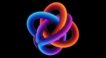 Abstract glowing interconnected torus shapes in vibrant neon colors on black background