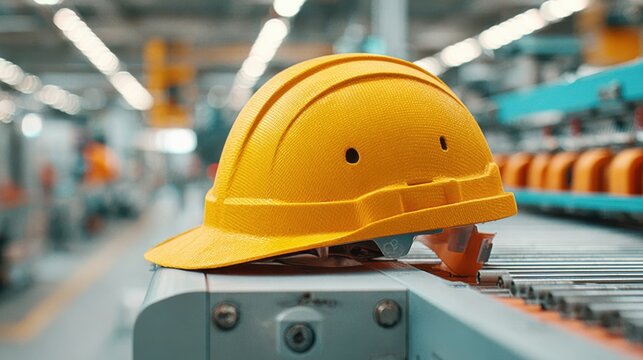 Labor Shortage concept. Construction helmet on a factory conveyor belt in a blurred background.