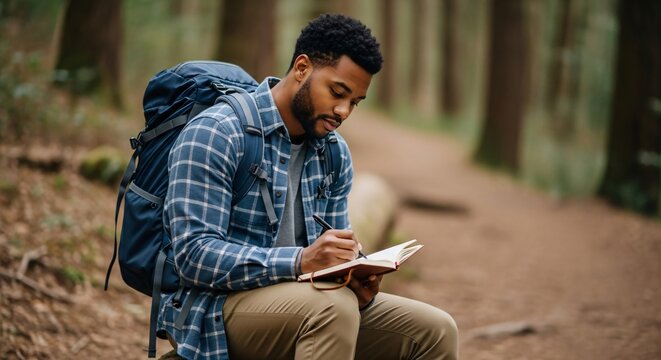 Man with backpack sitting and writing in notebook outdoors.