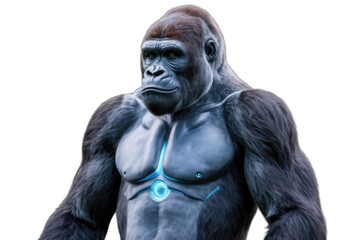A powerful cybernetic gorilla with glowing blue chest armor, combining advanced technology with primate strength, standing against a solid transparent background. background removed
