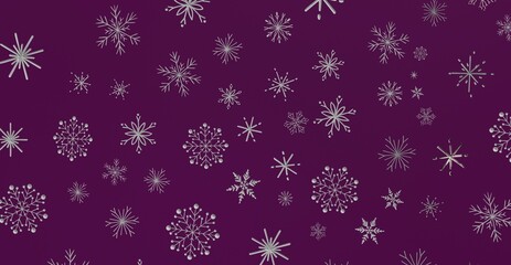 Abstract winter background with falling silver snowflakes on dark purple. Christmas or New Year design, perfect for seasonal designs. Festive wa
