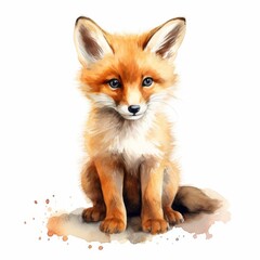 Obraz premium Wild Fox Animal Watercolor Portrait Artwork. Cute Fluffy Adorable Fox Forest Woodland Animal Portrait. Kid Party Invitation or Greeting card Mascot Decorative Element. 