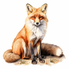 Fototapeta premium Wild Fox Animal Watercolor Portrait Artwork. Cute Fluffy Adorable Fox Forest Woodland Animal Portrait. Kid Party Invitation or Greeting card Mascot Decorative Element. 