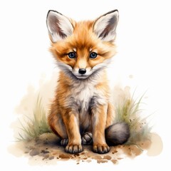 Wild Fox Animal Watercolor Portrait Artwork. Cute Fluffy Adorable Fox Forest Woodland Animal Portrait. Kid Party Invitation or Greeting card Mascot Decorative Element. 