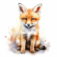 Wild Fox Animal Watercolor Portrait Artwork. Cute Fluffy Adorable Fox Forest Woodland Animal Portrait. Kid Party Invitation or Greeting card Mascot Decorative Element. 