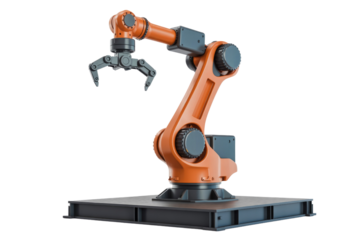 An orange industrial robotic arm with a gripper on a dark platform, showcasing modern factory automation, production, and high-tech manufacturing. background removed