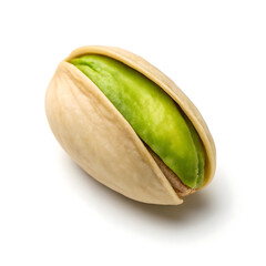 Close up shot of a single pistachio nut with a cracked shell revealing the green nut inside on white