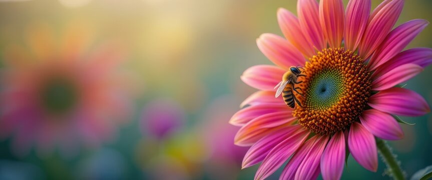 A bee collects pollen from a vibrant pink coneflower bloom in a sunlit garden