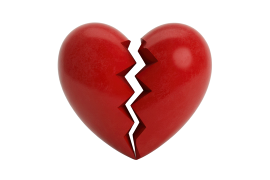 A 3D rendered red heart is visibly broken into two pieces down the middle, symbolizing heartbreak, loss, or separation. background removed