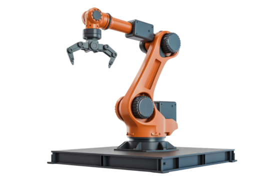 An orange industrial robotic arm with a gripper on a dark platform, showcasing modern factory automation, production, and high-tech manufacturing. background removed