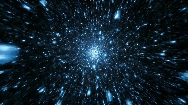 Dynamic blue particles acceleration through space with motion blur creating futuristic digital tunnel effect, abstract technology background with glowing neon lights and cyber speed visualization in 4