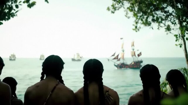 Native American Indigenous Tribe People Standing on Jungle Outcrop Cliff, Watching 16th Century Spanish Conquistador Ships Arriving at Shore