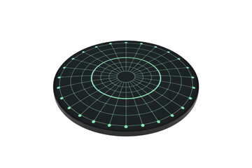 A sleek black circular disc displays an illuminated teal grid pattern with concentric rings and radial lines, resembling a futuristic radar screen or target. background removed
