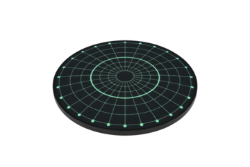 A sleek black circular disc displays an illuminated teal grid pattern with concentric rings and radial lines, resembling a futuristic radar screen or target. background removed
