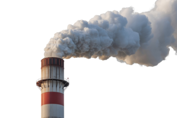 Thick white and gray smoke billows from a striped industrial chimney, an isolated cutout element against a transparent background. background removed