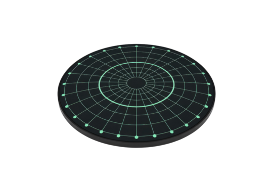 A sleek black circular disc displays an illuminated teal grid pattern with concentric rings and radial lines, resembling a futuristic radar screen or target. background removed