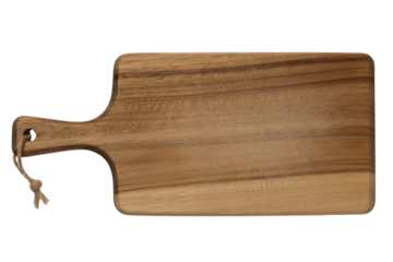 A rustic acacia wood cutting board, rectangular with a handle and hanging rope, displays natural grain and subtle knife marks on a transparent background. background removed