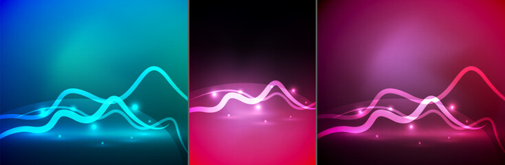 Abstract backgrounds showcase vibrant color gradients. Wavy lines, glowing effects create dynamic visual appeal. Three panels offer varied hues.
