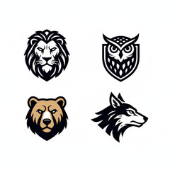 Fototapeta premium A collection of four fierce animal head mascots, including a lion, owl, bear, and wolf, designed as powerful vector logos for sports teams and brand identity