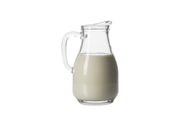 A clear glass pitcher filled with fresh, creamy white milk, ready for pouring. Isolated on a solid transparent background for versatile use. background removed