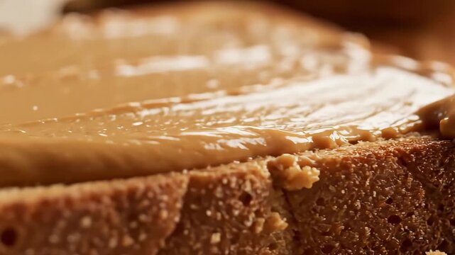 A detailed close-up shot showing creamy peanut butter being evenly spread across a slice of bread
