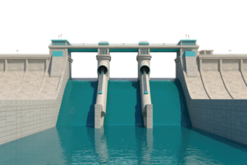 A realistic 3D render of a modern concrete dam featuring two spillways releasing vibrant turquoise water, highlighting hydroelectric infrastructure. background removed