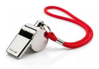 A shiny metal referee whistle with a bright red lanyard on a white background
