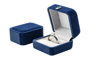 Elegant  blue Velvet Ring Box with Silver Engagement Ring  isolated on white background Velvet Ring Box illustration on white .