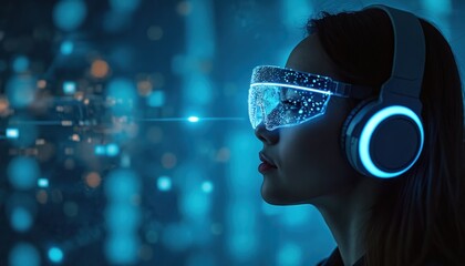 Woman wears futuristic glasses and headphones with glowing lights. She interacts with digital data streams. Immersive tech enhances virtual reality and augmented reality experiences.