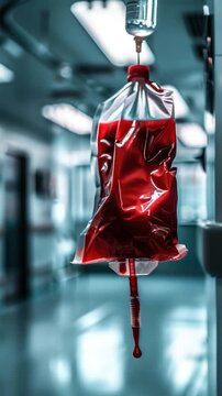 A bag of blood hangs from the ceiling, a macabre scene with medical connotations