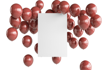 A cluster of glossy red balloons surrounds a blank white square, perfect for festive messages or announcements on a clean transparent background. background removed