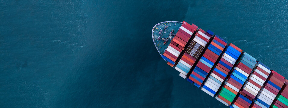 Aerial view of container cargo ship, Container cargo ship in import export logistic, Global business Logistics and transportation international container cargo ship, Container cargo freight shipping.