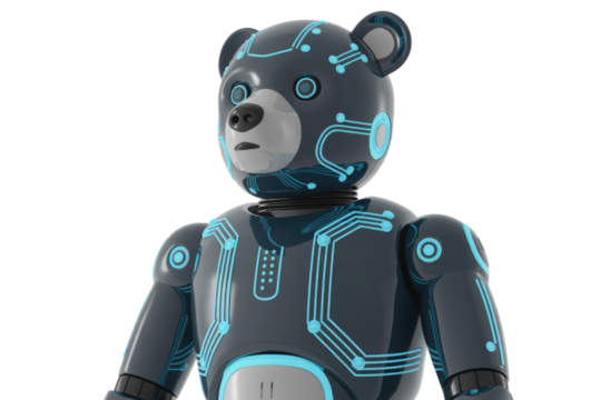 Futuristic dark grey robotic bear with glowing blue circuit patterns and light grey accents. A charming blend of technology and teddy bear. background removed - Powered by Adobe