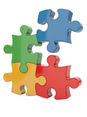 Fototapeta premium Four brightly colored, interlocked 3D puzzle pieces form a cohesive unit, symbolizing teamwork, problem-solving, and integration. background removed