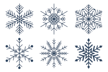 Six distinct blue snowflakes, each with unique intricate patterns, are displayed on a dark transparent background, perfect for winter and holiday themes. background removed