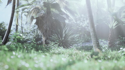 Sunlight gently pours through tall palm trees, illuminating a vibrant green landscape. The serene atmosphere captures the beauty of nature at twilight, inviting calmness and tranquility.