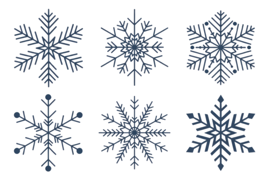 Six distinct blue snowflakes, each with unique intricate patterns, are displayed on a dark transparent background, perfect for winter and holiday themes. background removed