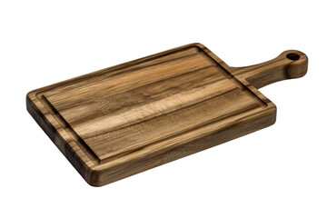 Fototapeta premium A rectangular wooden cutting board featuring a juice groove and a handle with a hanging hole, ideal for kitchen prep. background removed