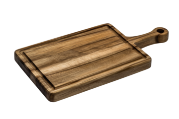 A rectangular wooden cutting board featuring a juice groove and a handle with a hanging hole, ideal for kitchen prep. background removed