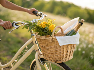 Close-up of a cream-colored bicycle with a wicker basket full of